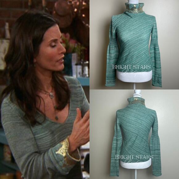 Rare Green Sweater Long Sleeve Gold Foiled Turtleneck ALT ASO Monica Lorelai - Picture 2 of 10